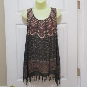 Fringed Tank sz S Muted Purple Gray Mandala Handmade Fair Trade